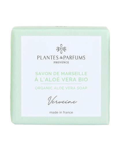 Savon de Marseille à l'aloé vera BIO 100 g, fragrance Verveine. Plantes & Parfums. Emballage papier.