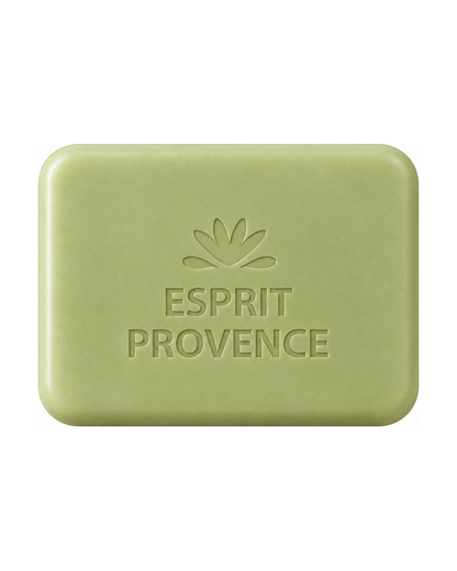 Savon en barre aux Fleurs d’Olivier 140 g, enrichi en beurre de karité bio. Signé Esprit Provence. Fond blanc.