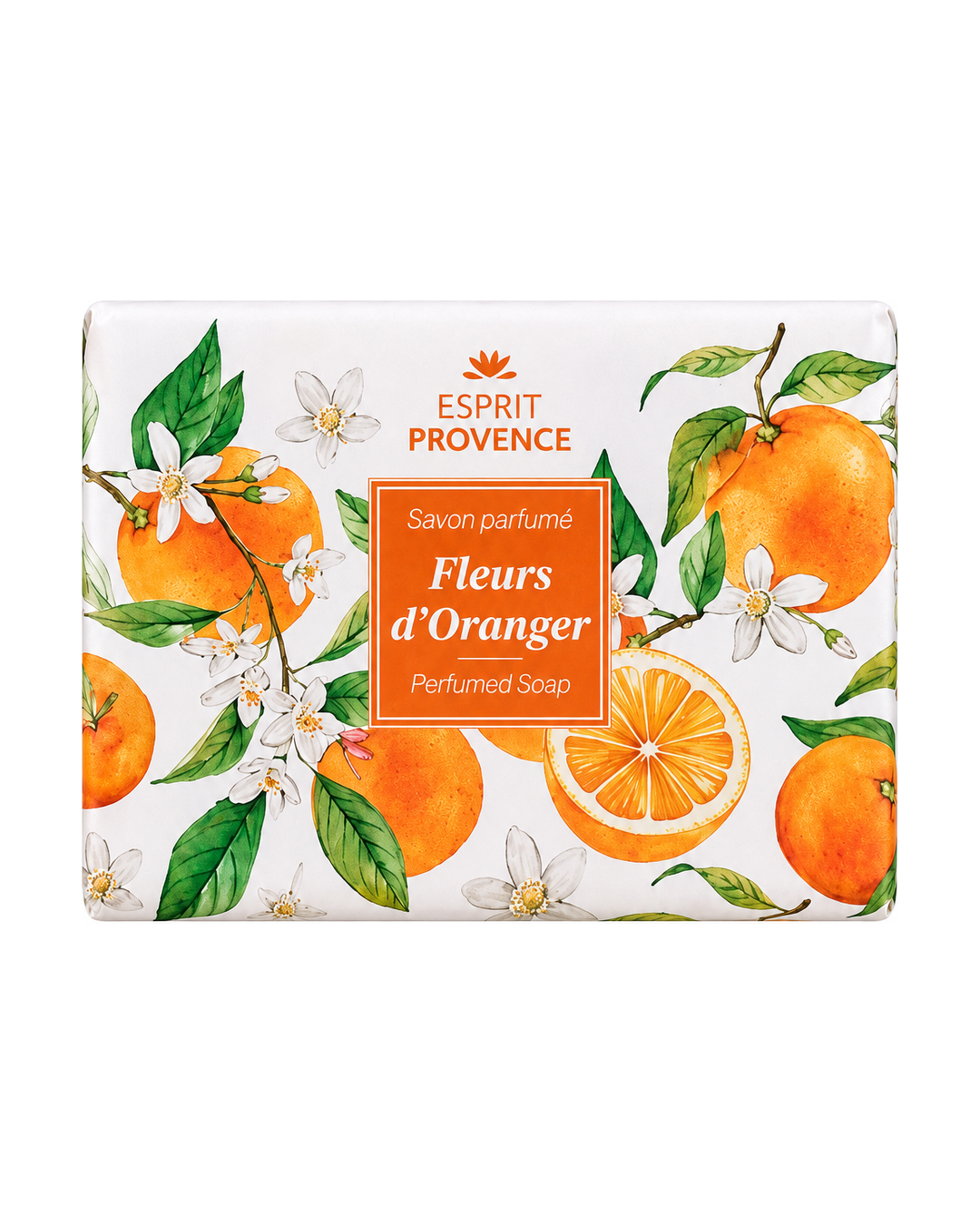 Savon à l’huile d’Amande douce de Provence 140 g, au parfum de Fleurs d'Oranger, signé Esprit Provence et enrichi en beurre de karité BIO. Dans son emballage en papier.