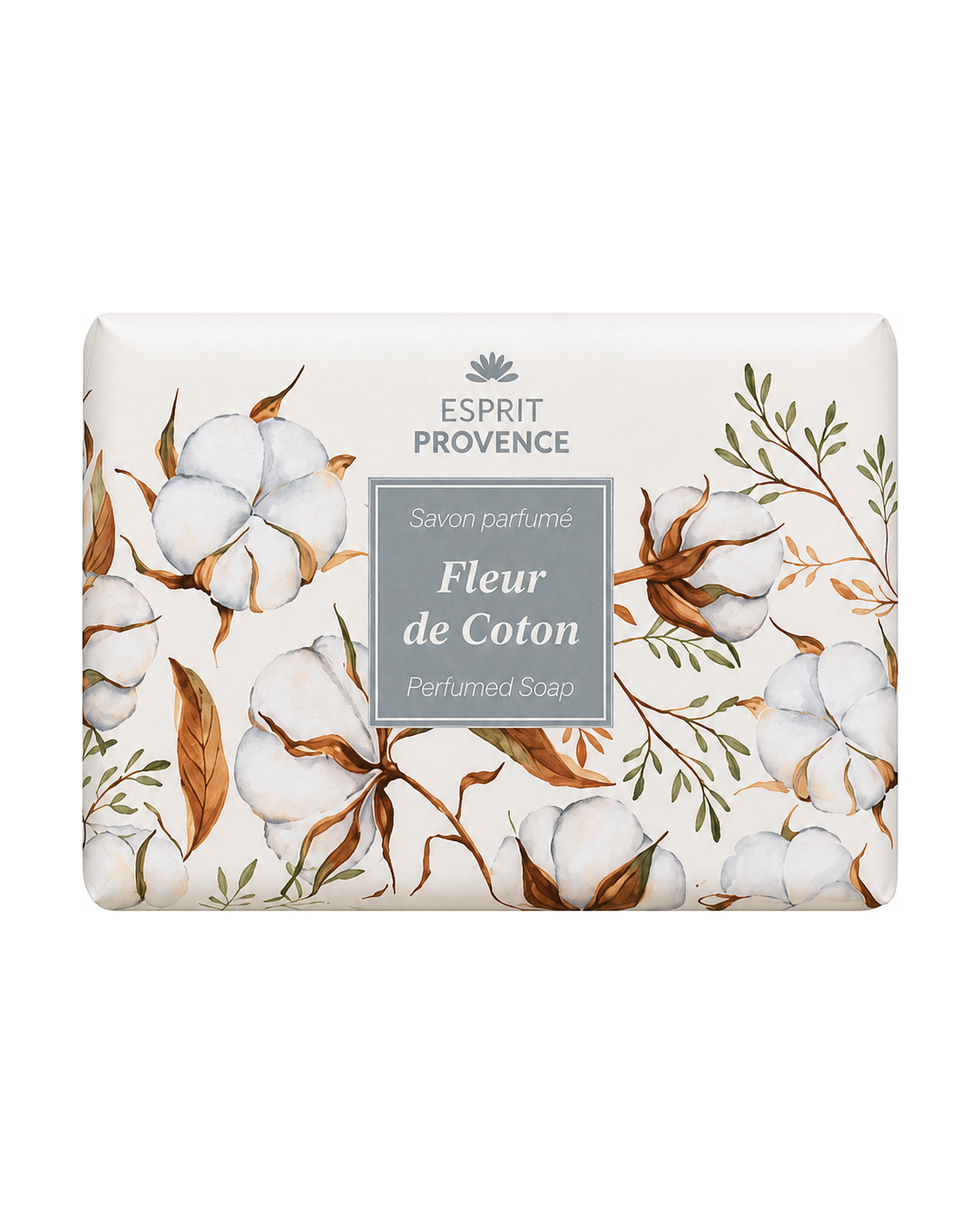 Savon à l’huile d’Amande douce de Provence 140 g, au parfum de Fleurs de coton, signé Esprit Provence et enrichi en beurre de karité BIO. Dans son emballage en papier.