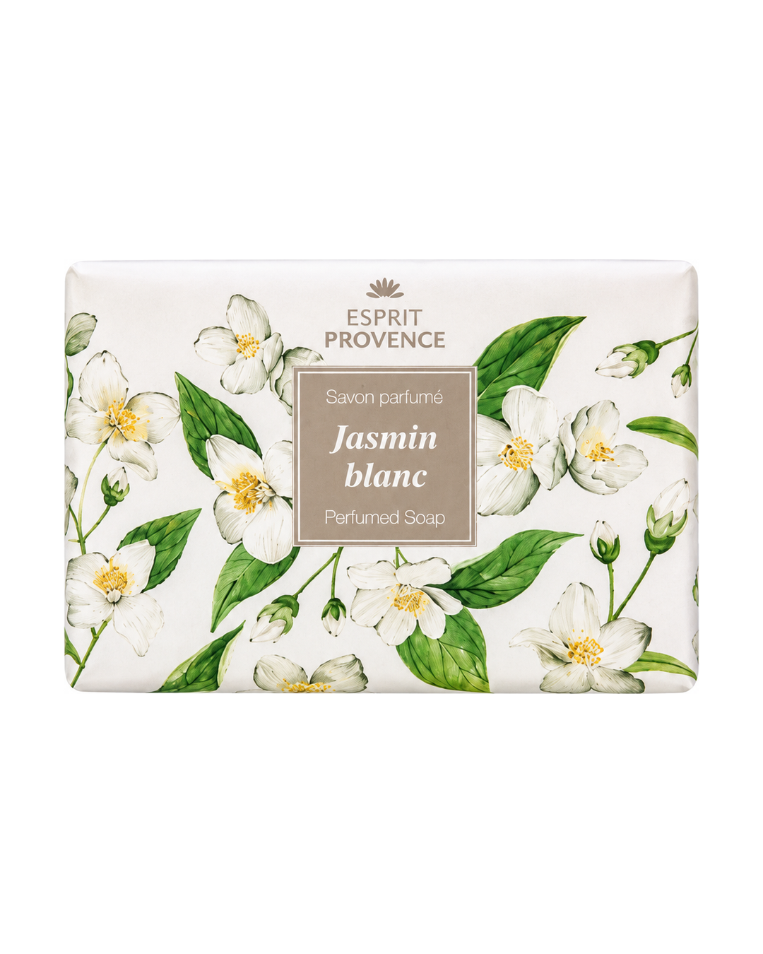 Savon à l’huile d’Amande douce de Provence 140 g, au parfum de Jasmin blanc, signé Esprit Provence et enrichi en beurre de karité BIO.Dans son emballage en papier.