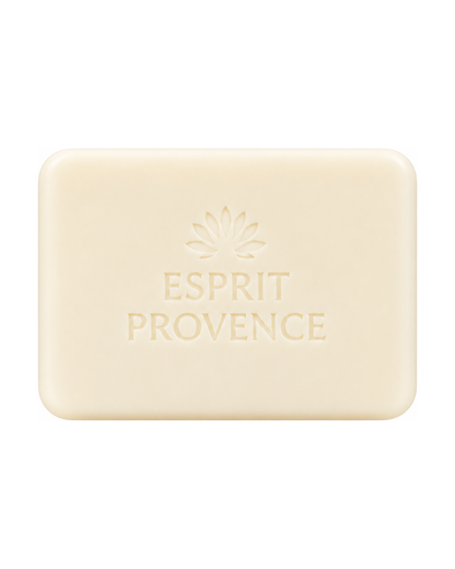 Savon à l’huile d’Amande douce de Provence 140 g, au parfum de Jasmin blanc, signé Esprit Provence et enrichi en beurre de karité BIO. Sans son emballage.