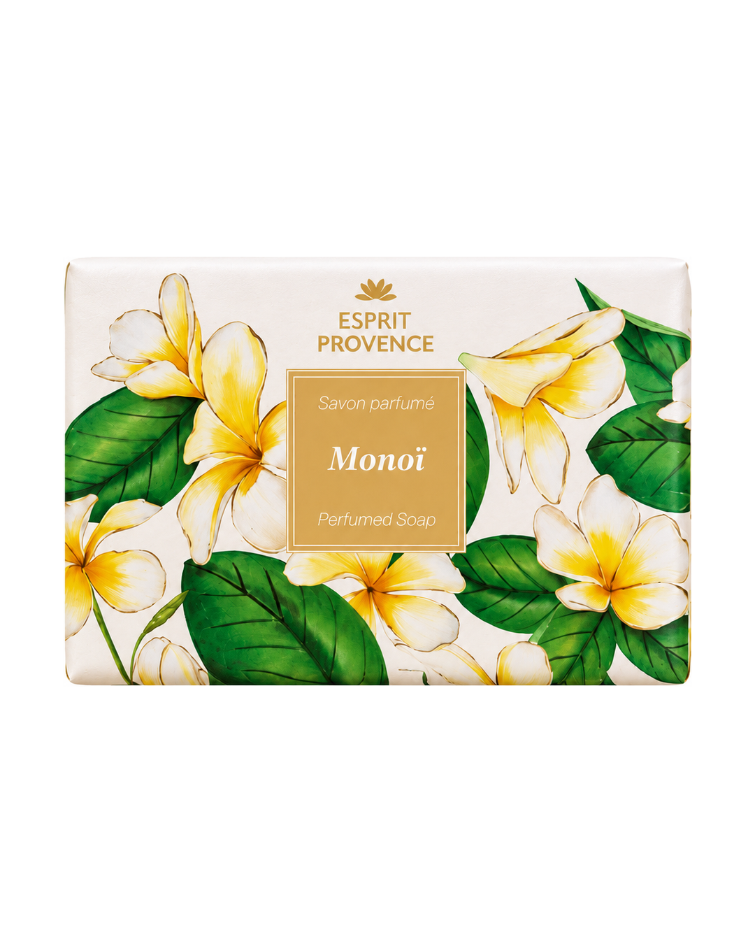 Savon à l’huile d’Amande douce de Provence 140 g, au parfum de Monoï, signé Esprit Provence et enrichi en beurre de karité BIO. Dans son emballage en papaier.