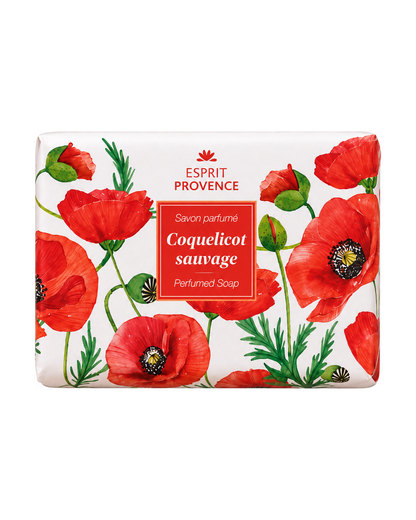 Savon à l’huile d’Amande douce de Provence 140 g, au parfum de Coquelicot sauvage, signé Esprit Provence et enrichi en beurre de karité BIO. Dans son emballage en papier.
