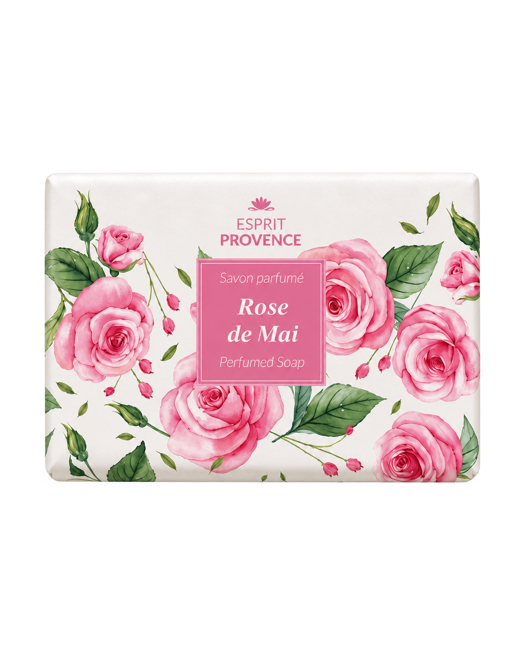Savon à l’huile d’Amande douce de Provence 140 g, au parfum deRose de Mai, signé Esprit Provence et enrichi en beurre de karité BIO. Dans son emballage en papier.
