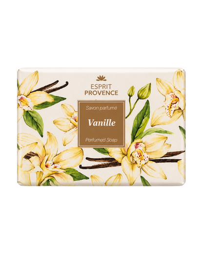 Savon à l’huile d’Amande douce de Provence 140 g, au parfum de Vanille, signé Esprit Provence et enrichi en beurre de karité BIO. Dans son emballage en papier.