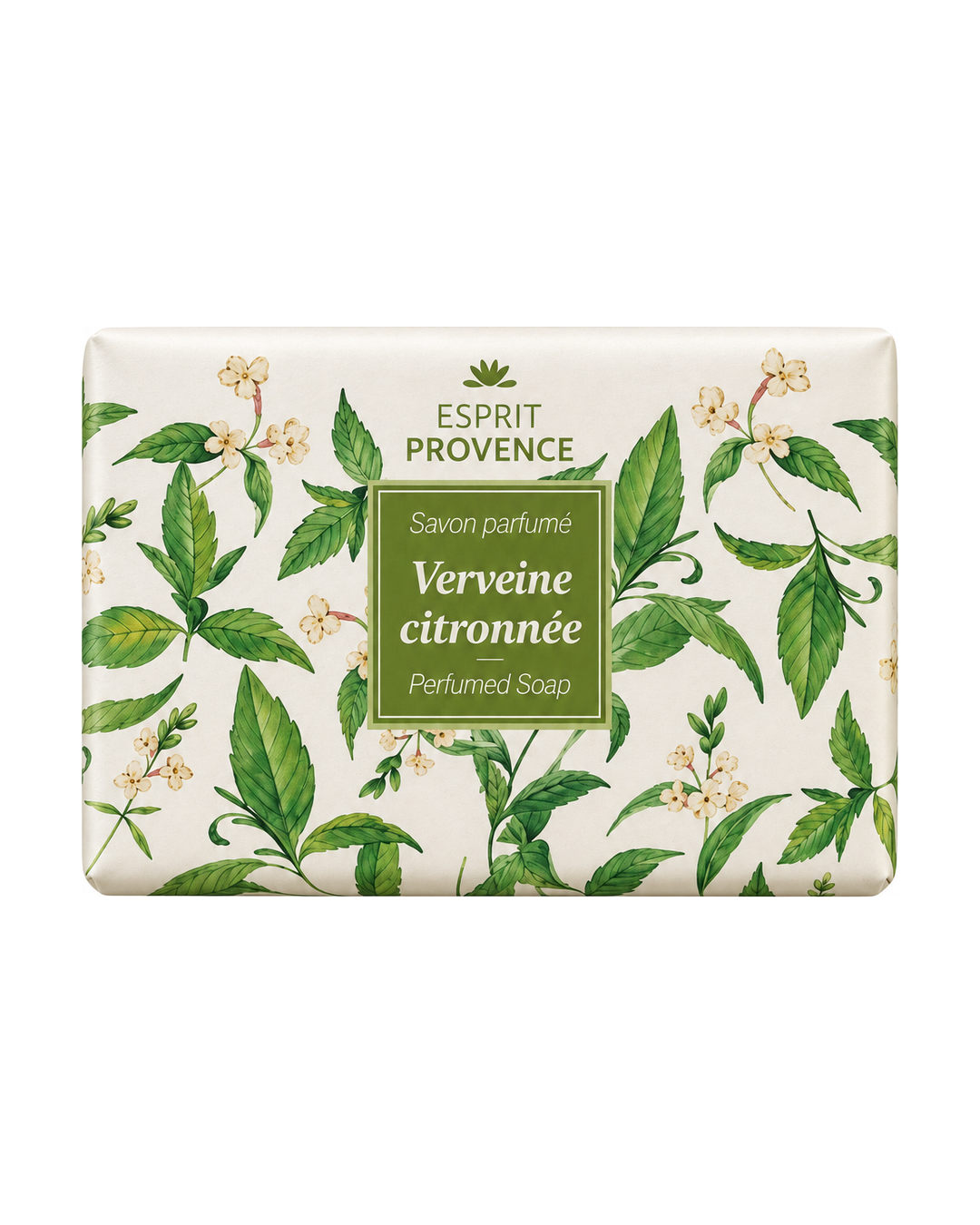 Savon à l’huile d’Amande douce de Provence 140 g, au parfum de Verveine citronnée, signé Esprit Provence et enrichi en beurre de karité BIO. Dans son emballage en papier.