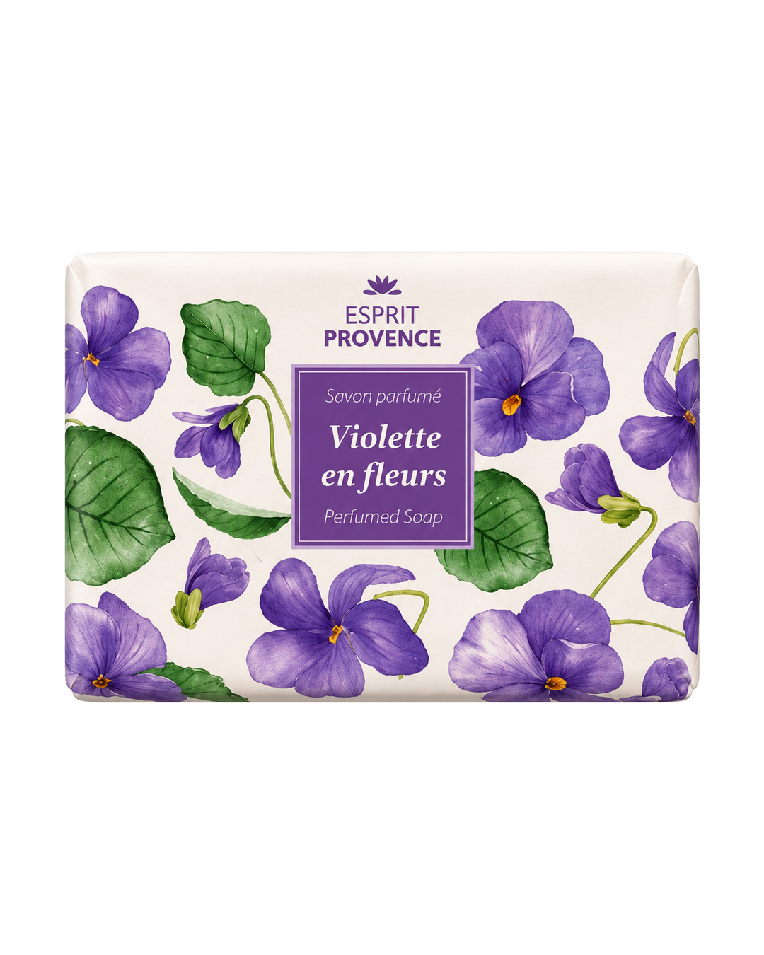 Savon à l’huile d’Amande douce de Provence 140 g, au parfum de Violette en fleurs, signé Esprit Provence et enrichi en beurre de karité BIO. Dans son emballage en papier.