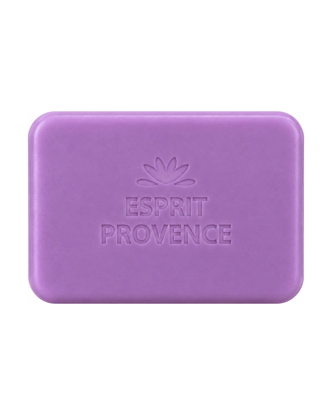 Savon à l’huile d’Amande douce de Provence 140 g, au parfum de Violette en fleurs, signé Esprit Provence et enrichi en beurre de karité BIO. Sans son emballage.