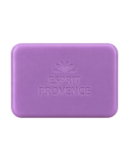 Savon à l’huile d’Amande douce de Provence 140 g, au parfum de Violette en fleurs, signé Esprit Provence et enrichi en beurre de karité BIO. Sans son emballage.
