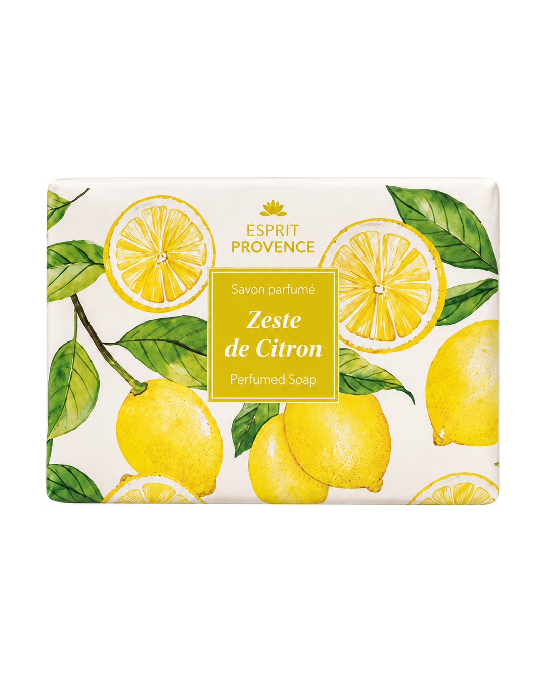 Savon à l’huile d’Amande douce de Provence 140 g, au parfum de Zeste de Citron, signé Esprit Provence et enrichi en beurre de karité BIO. Dans son emballage en papier.