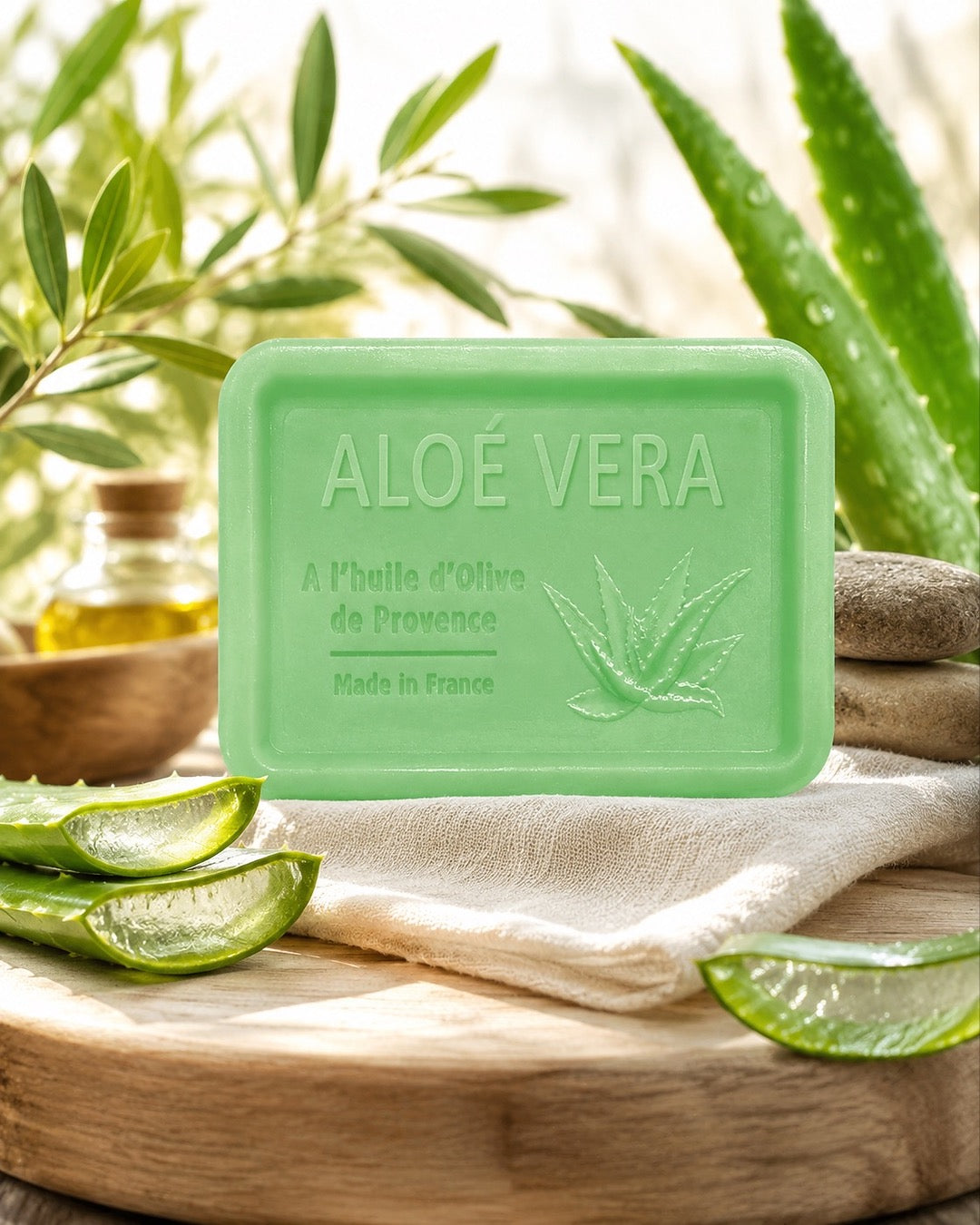Savon à l’huile d’olive de Provence 120 g, au parfum d’Aloé Vera, signé Esprit Provence et enrichi en huile d’amande douce ainsi qu’en beurre de karité bio. Dans son ambiance olfactive.