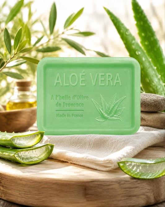 Savon à l’huile d’olive de Provence 120 g, au parfum d’Aloé Vera, signé Esprit Provence et enrichi en huile d’amande douce ainsi qu’en beurre de karité bio. Dans son ambiance olfactive.