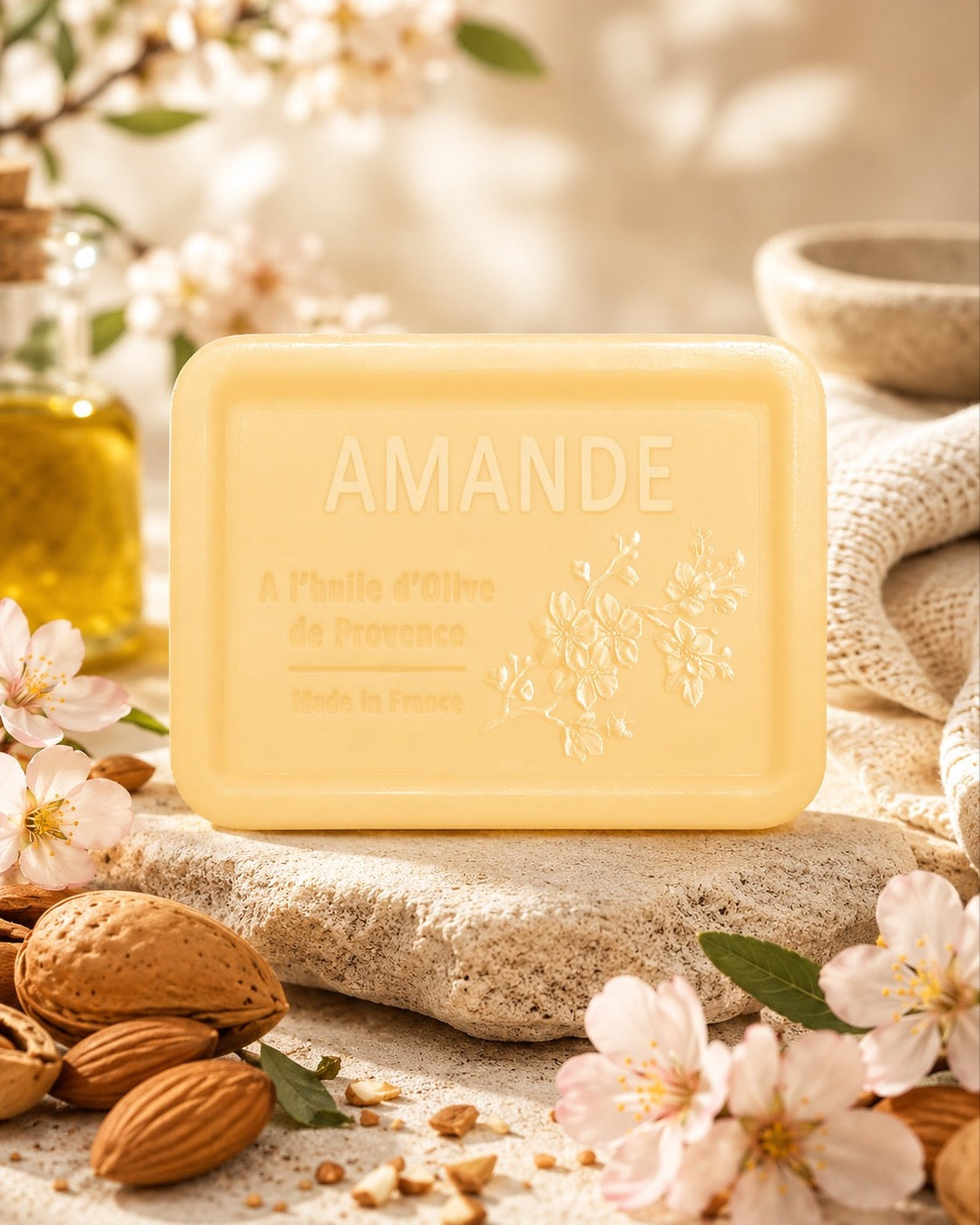Savon à l’huile d’olive de Provence 120 g, au parfum d’Amande, signé Esprit Provence et enrichi en huile d’amande douce ainsi qu’en beurre de karité bio. Dans son ambiance olfactive.