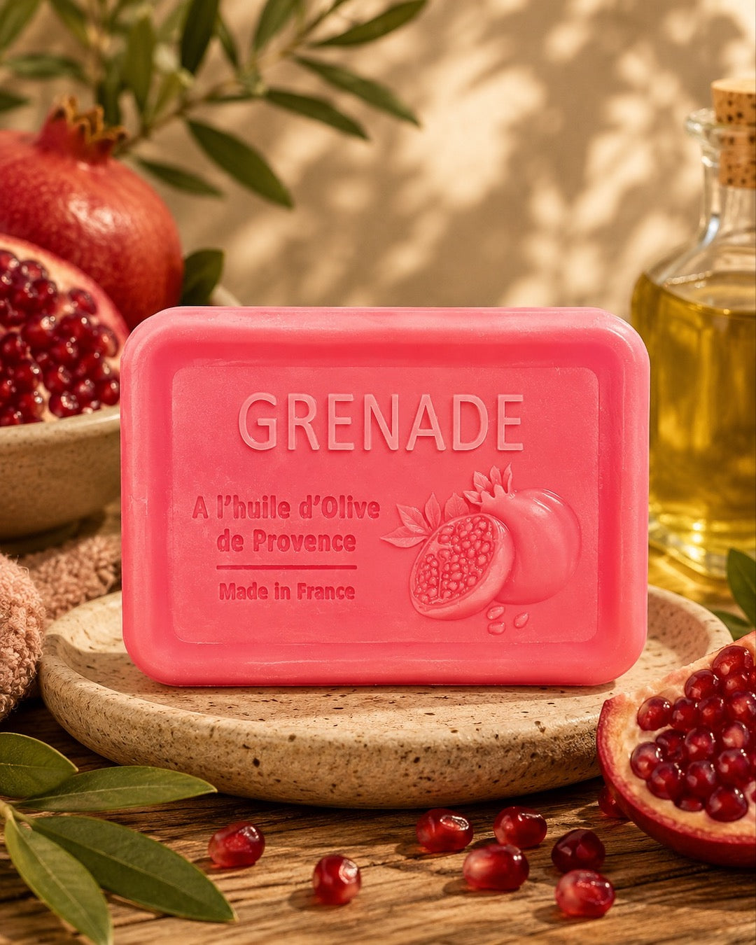 Savon à l’huile d’olive de Provence 120 g, au parfumde Grenade, signé Esprit Provence et enrichi en huile d’amande douce ainsi qu’en beurre de karité bio. Dans son ambiance olfactive.
