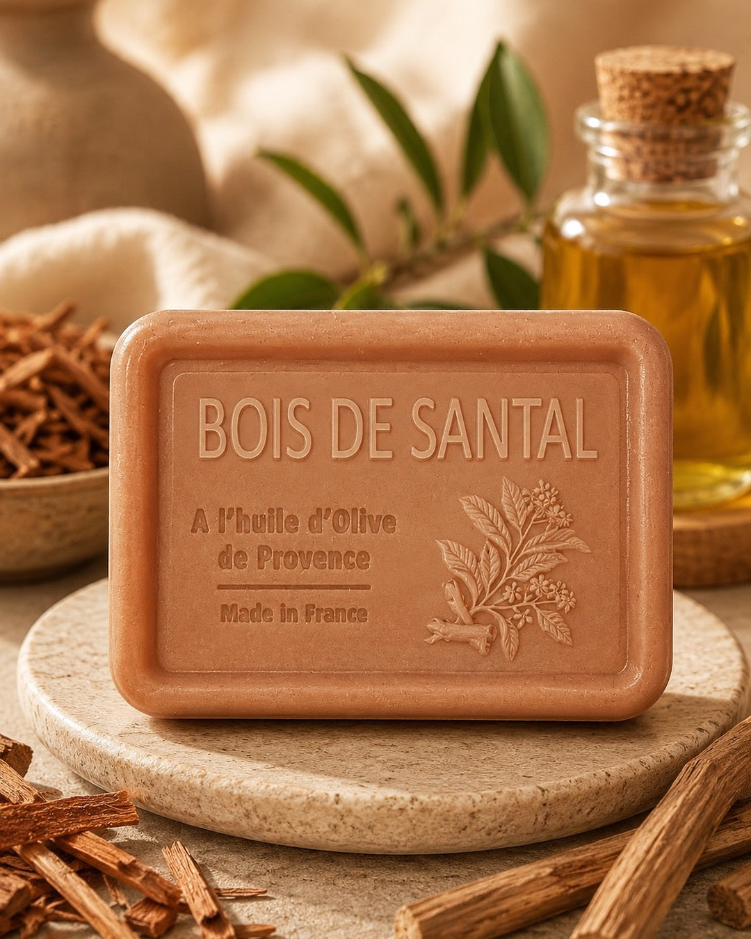 Savon à l’huile d’olive de Provence 120 g, au parfum au Bois de Santal, signé Esprit Provence et enrichi en huile d’amande douce ainsi qu’en beurre de karité bio. Dans son ambiance olfactive.