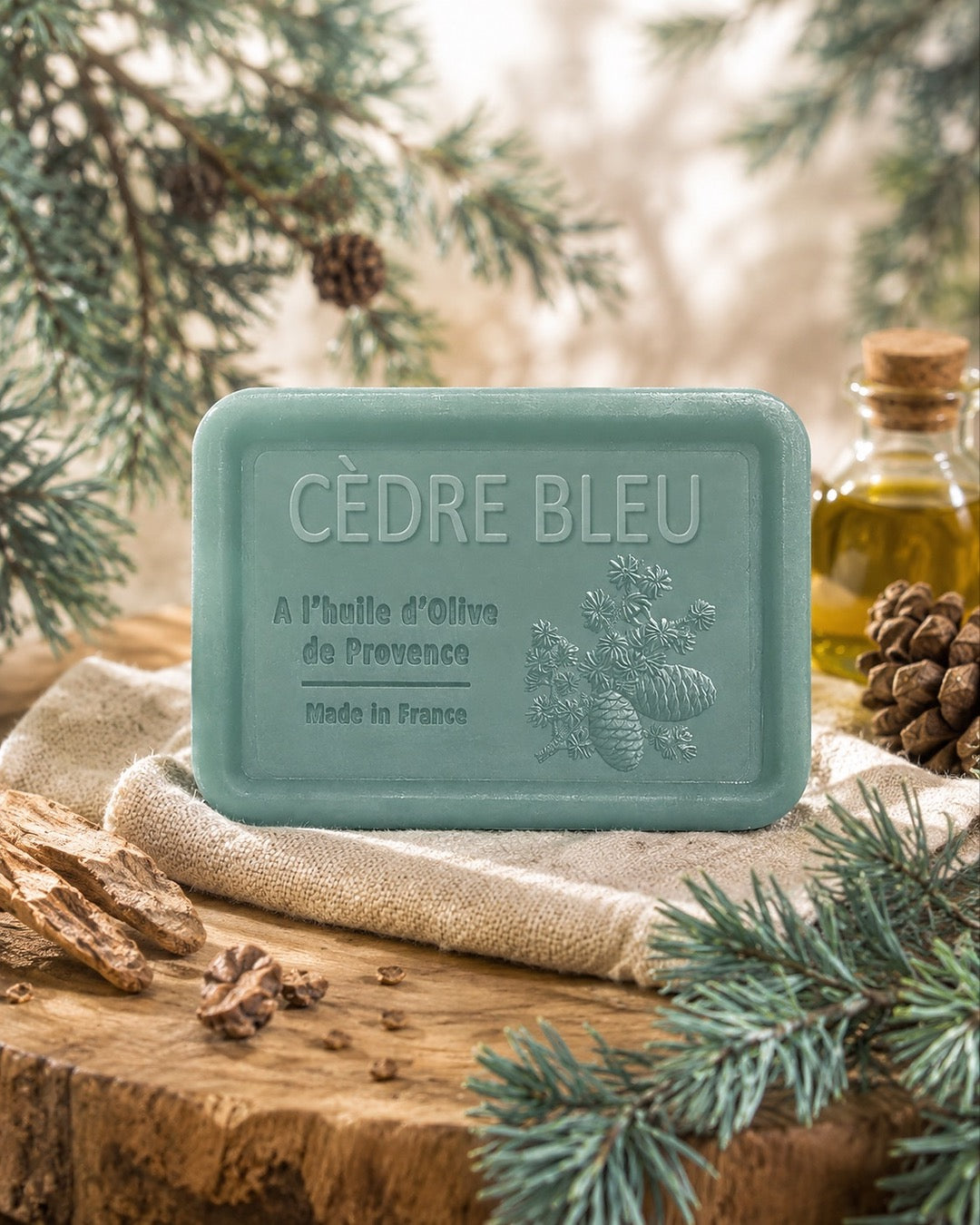 Savon à l’huile d’olive de Provence 120 g, au parfum de Cèdre bleu, signé Esprit Provence et enrichi en huile d’amande douce ainsi qu’en beurre de karité bio. Dans son ambiance olfactive.