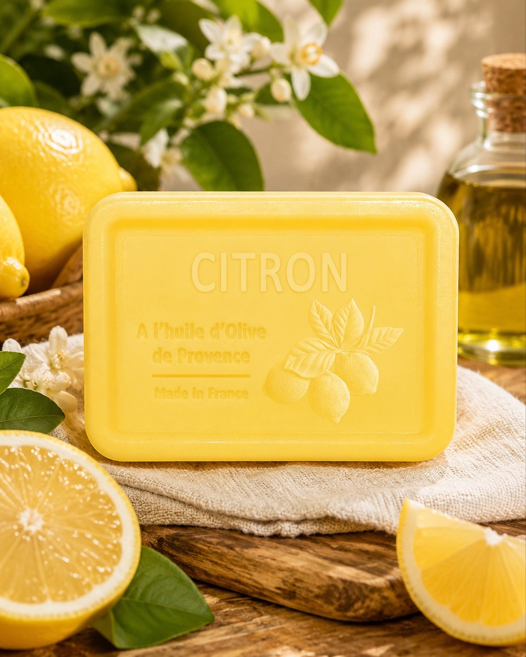 Savon à l’huile d’olive de Provence 120 g, au parfum de Citron, signé Esprit Provence et enrichi en huile d’amande douce ainsi qu’en beurre de karité bio. Dans son ambiance olfactive.