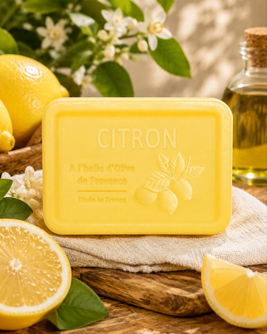 Savon à l’huile d’olive de Provence 120 g, au parfum de Citron, signé Esprit Provence et enrichi en huile d’amande douce ainsi qu’en beurre de karité bio. Dans son ambiance olfactive.