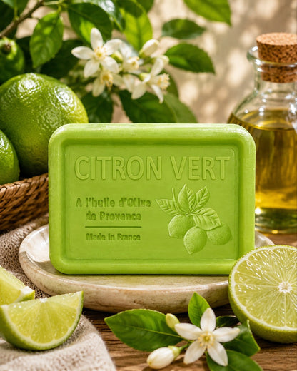 Savon à l’huile d’olive de Provence 120 g, au parfum de Citron Vert, signé Esprit Provence et enrichi en huile d’amande douce ainsi qu’en beurre de karité bio. Dans son ambiance olfactive.