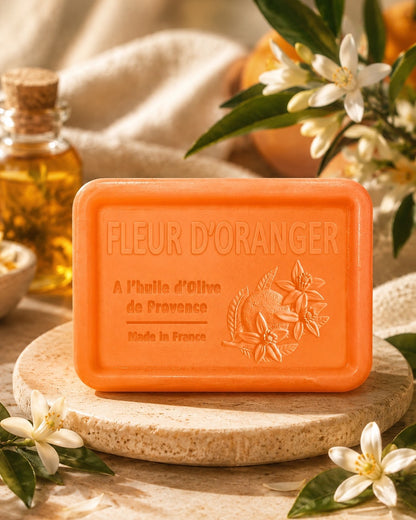 Savon à l’huile d’olive de Provence 120 g, au parfum de Fleur d'oranger, signé Esprit Provence et enrichi en huile d’amande douce ainsi qu’en beurre de karité bio. Dans son ambiance olfactive.