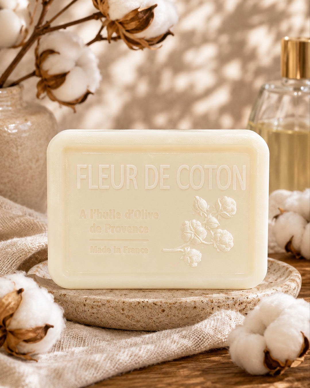 Savon à l’huile d’olive de Provence 120 g, au parfum de Fleur de coton, signé Esprit Provence et enrichi en huile d’amande douce ainsi qu’en beurre de karité bio. Dans son ambiance olfactive.