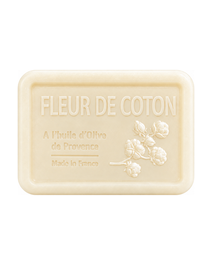 Savon à l’huile d’olive de Provence 120 g, au parfum de Fleur de coton, signé Esprit Provence et enrichi en huile d’amande douce ainsi qu’en beurre de karité bio.