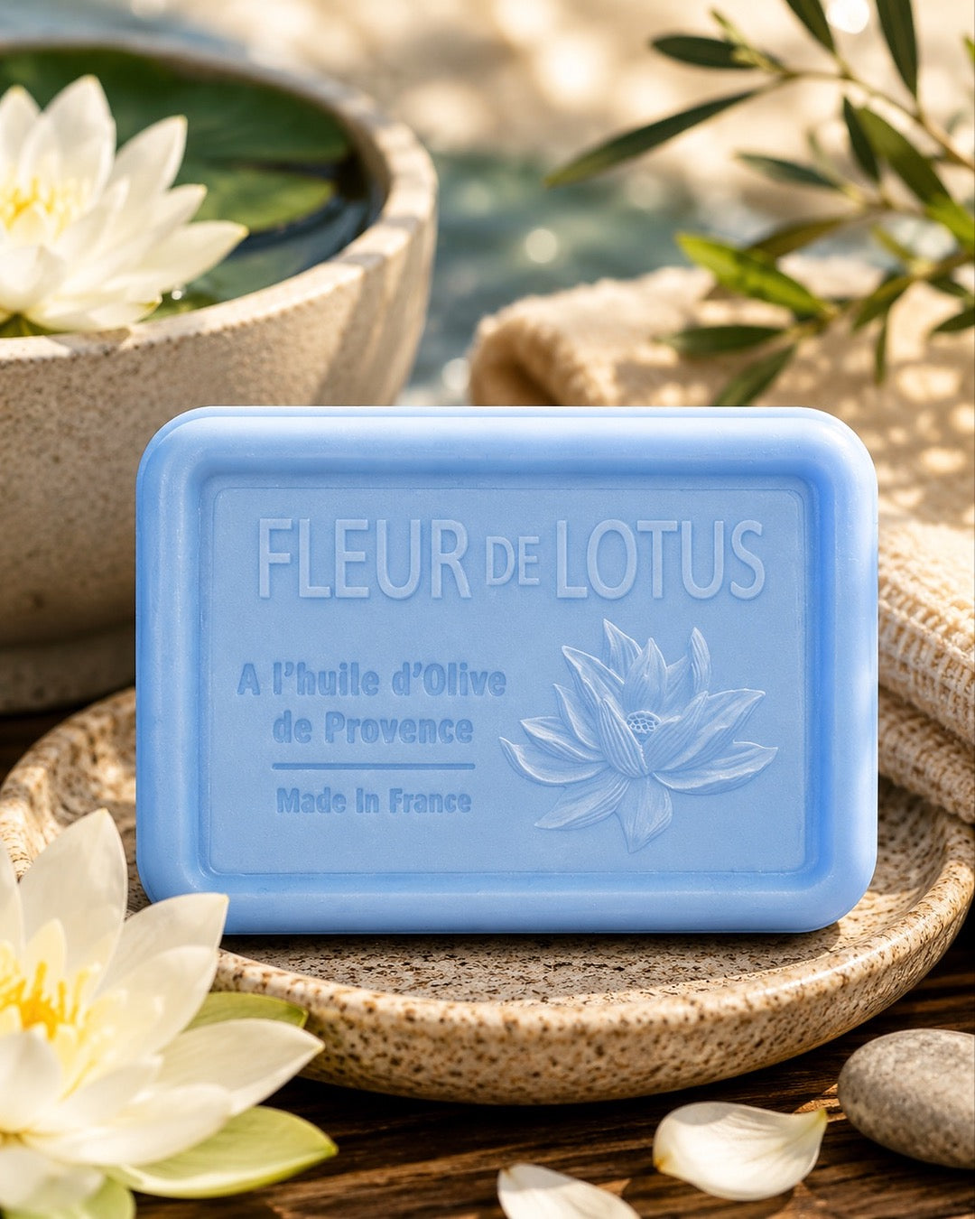 Savon à l’huile d’olive de Provence 120 g, au parfum de Fleur de Lotus, signé Esprit Provence et enrichi en huile d’amande douce ainsi qu’en beurre de karité bio. Dans son ambiance olfactive.