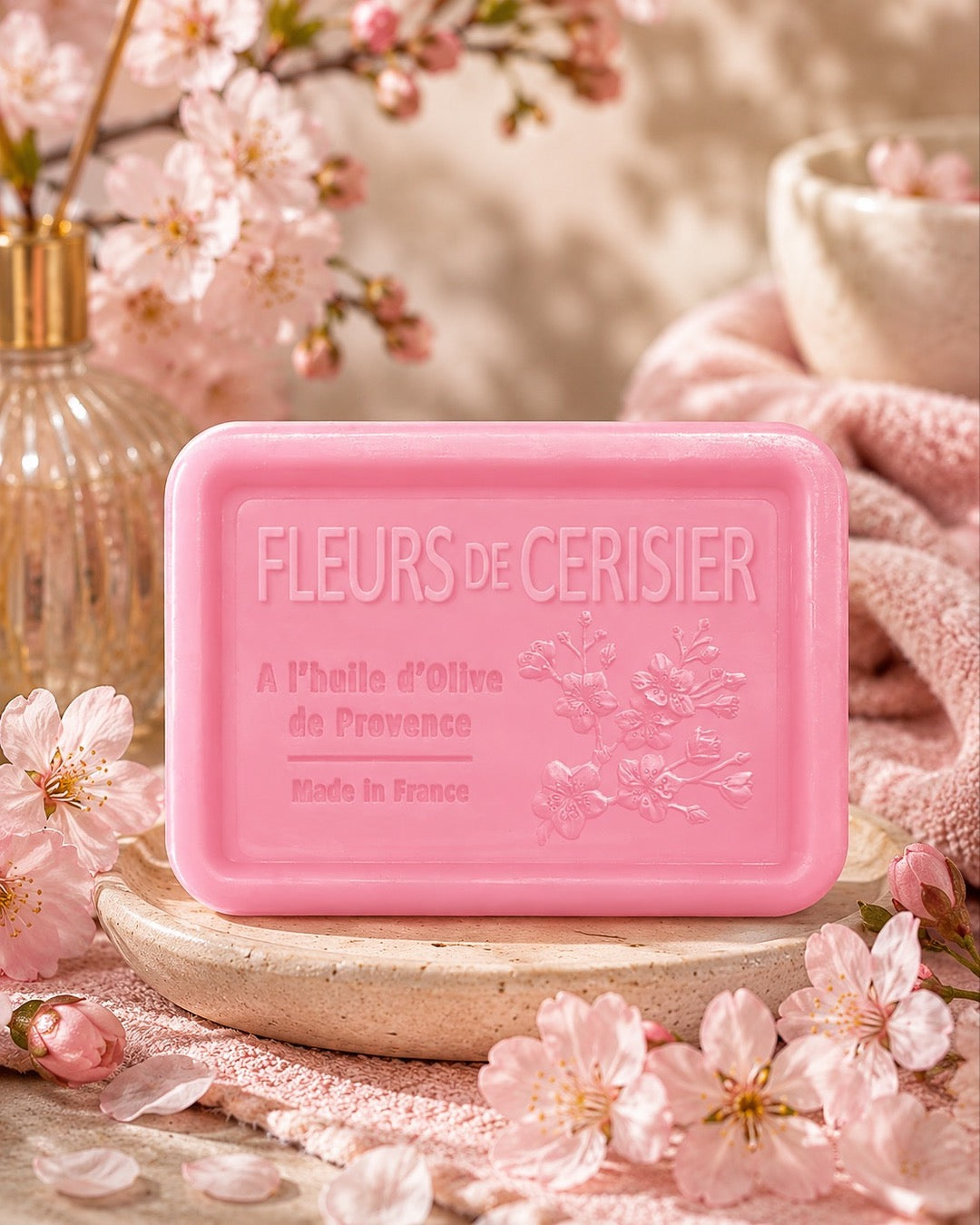 Savon à l’huile d’olive de Provence 120 g, au parfum de Fleurs de cerisier, signé Esprit Provence et enrichi en huile d’amande douce ainsi qu’en beurre de karité bio. Dans son ambiance olfactive.