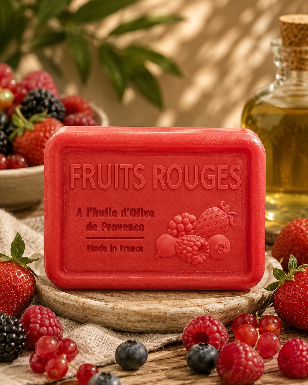 Savon à l’huile d’olive de Provence 120 g, au parfum de Fruits rouges, signé Esprit Provence et enrichi en huile d’amande douce ainsi qu’en beurre de karité bio. Dans son ambiance olfactive.