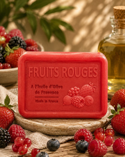 Savon à l’huile d’olive de Provence 120 g, au parfum de Fruits rouges, signé Esprit Provence et enrichi en huile d’amande douce ainsi qu’en beurre de karité bio. Dans son ambiance olfactive.
