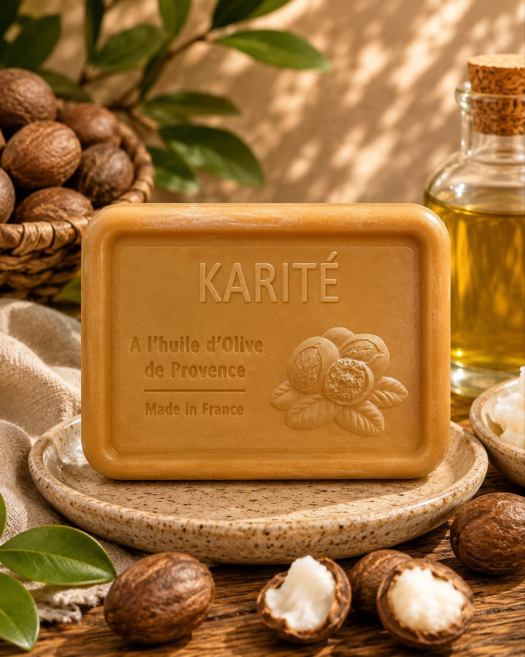 Savon à l’huile d’olive de Provence 120 g, au parfum de Karité, signé Esprit Provence et enrichi en huile d’amande douce ainsi qu’en beurre de karité bio. Dans son ambiance olfactive.