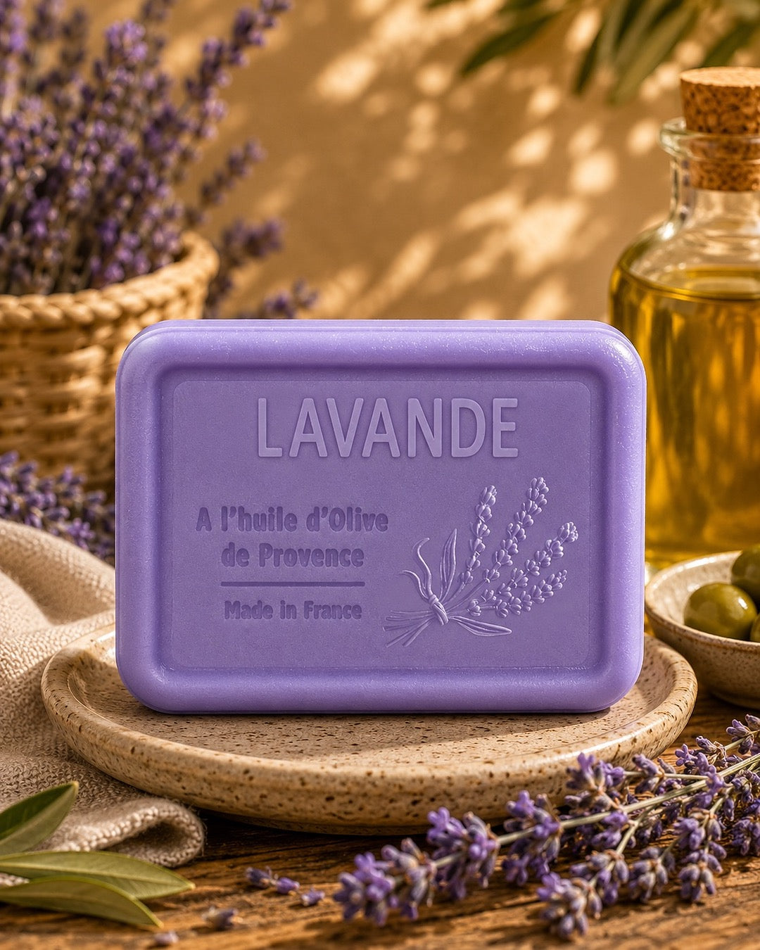 Savon à l’huile d’olive de Provence 120 g, au parfum de Lavande, signé Esprit Provence et enrichi en huile d’amande douce ainsi qu’en beurre de karité bio. Dans son ambiance olfactive.