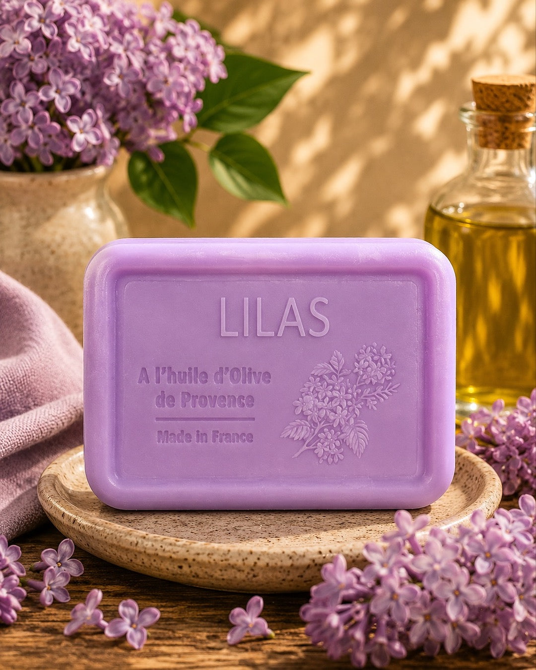 Savon à l’huile d’olive de Provence 120 g, au parfum de Lilas, signé Esprit Provence et enrichi en huile d’amande douce ainsi qu’en beurre de karité bio. Dans son ambiance olfactive.