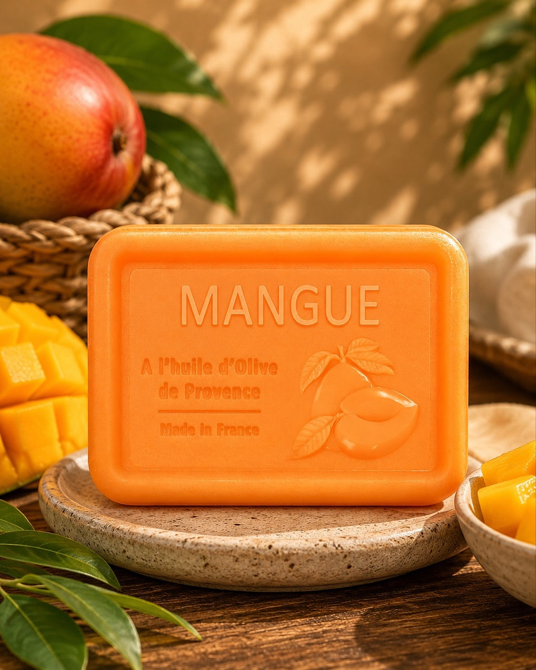 Savon à l’huile d’olive de Provence 120 g, au parfum de Mangue, signé Esprit Provence et enrichi en huile d’amande douce ainsi qu’en beurre de karité bio. Dans son ambiance olfactive.