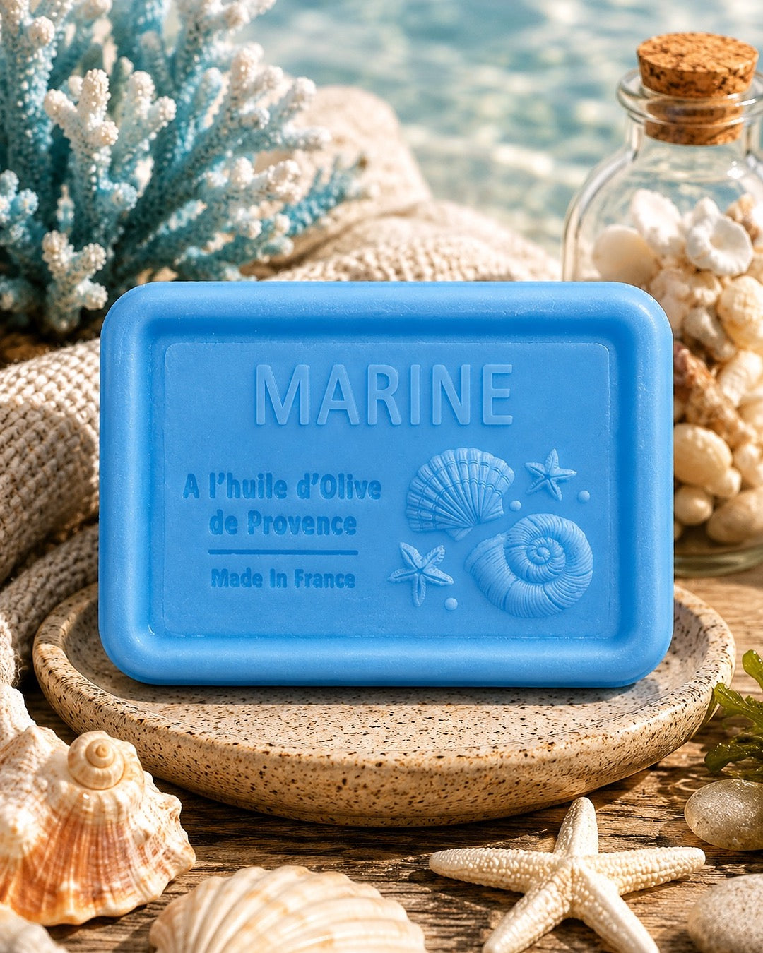 Savon à l’huile d’olive de Provence 120 g, au parfum de Marine, signé Esprit Provence et enrichi en huile d’amande douce ainsi qu’en beurre de karité bio. Dans son ambiance olfactive.