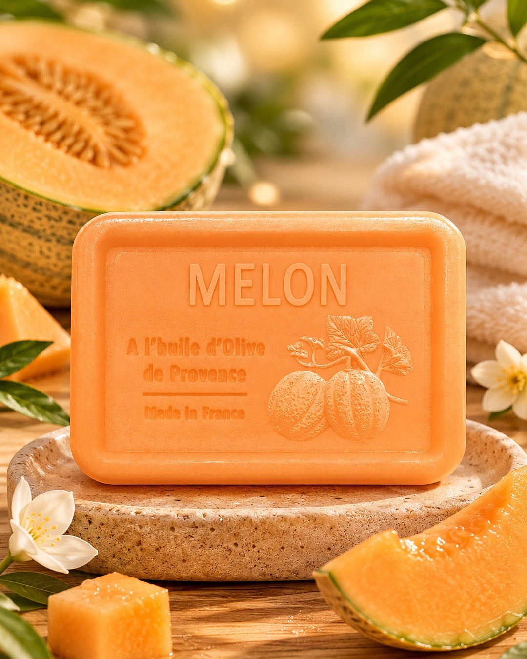 Savon à l’huile d’olive de Provence 120 g, au parfum de Melon, signé Esprit Provence et enrichi en huile d’amande douce ainsi qu’en beurre de karité bio. Dans son ambiance olfactive.
