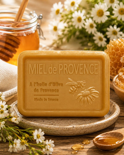 Savon à l’huile d’olive de Provence 120 g, au parfum de Miel de Provence, signé Esprit Provence et enrichi en huile d’amande douce ainsi qu’en beurre de karité bio. Dans son ambiance olfactive.