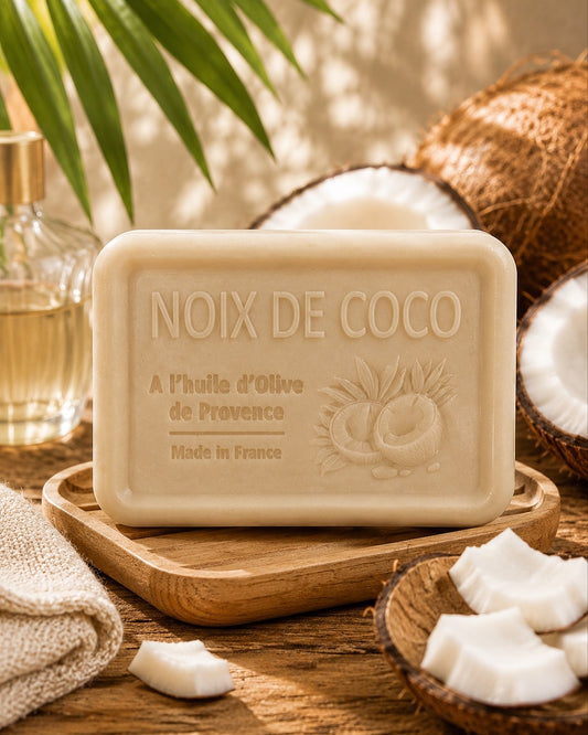 Savon à l’huile d’olive de Provence 120 g, au parfum de Noix de coco, signé Esprit Provence et enrichi en huile d’amande douce ainsi qu’en beurre de karité bio. Dans son ambiance olfactive.