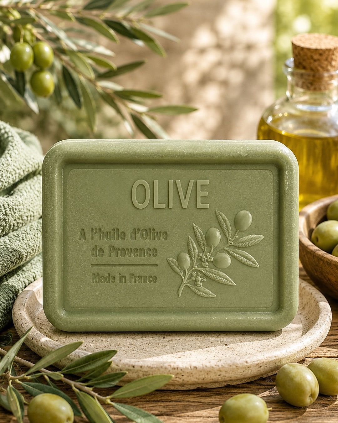 Savon à l’huile d’olive de Provence 120 g, au parfum d’Olive, signé Esprit Provence et enrichi en huile d’amande douce ainsi qu’en beurre de karité bio. Dans son ambiance olfactive.