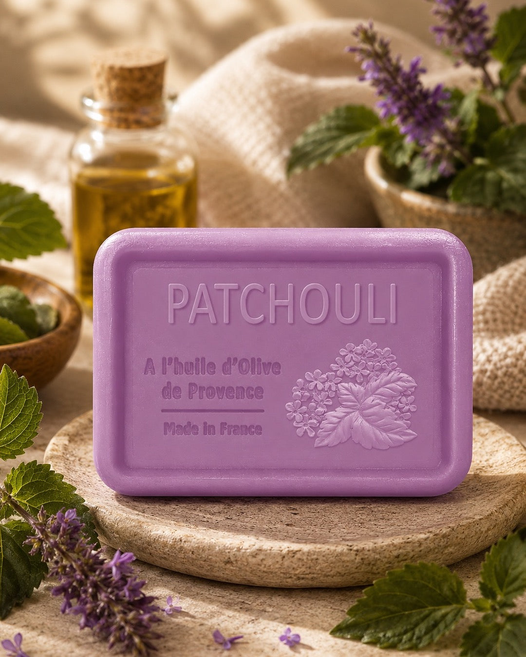 Savon à l’huile d’olive de Provence 120 g, au parfum de Patchouli, signé Esprit Provence et enrichi en huile d’amande douce ainsi qu’en beurre de karité bio. Dans son ambiance olfactive.
