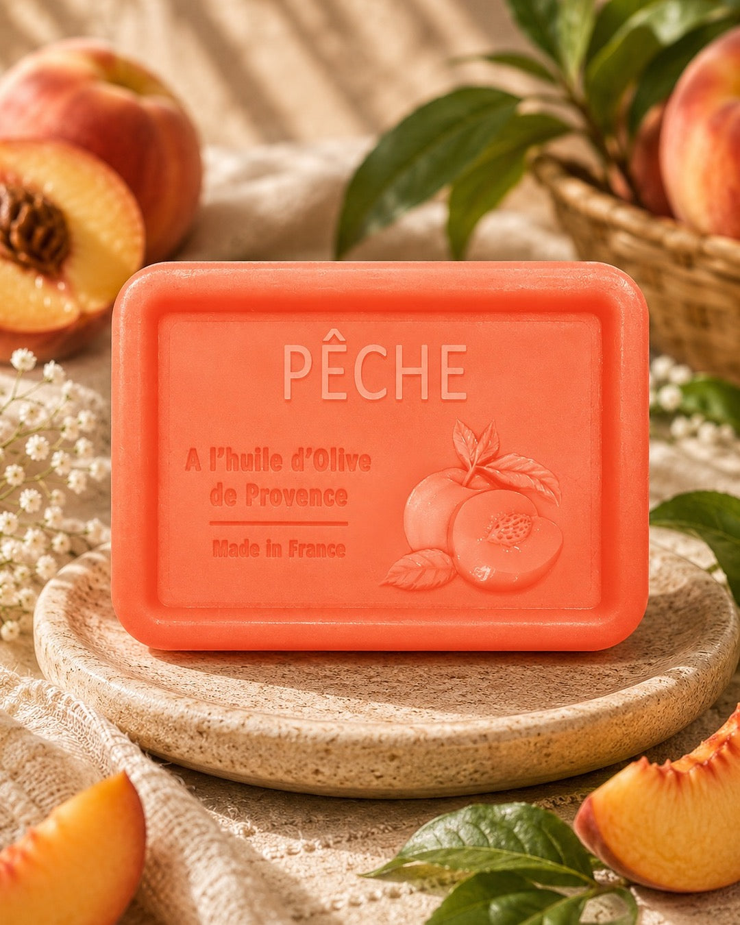 Savon à l’huile d’olive de Provence 120 g, au parfum de Pêche, signé Esprit Provence et enrichi en huile d’amande douce ainsi qu’en beurre de karité bio. Dans son ambiance olfactive.