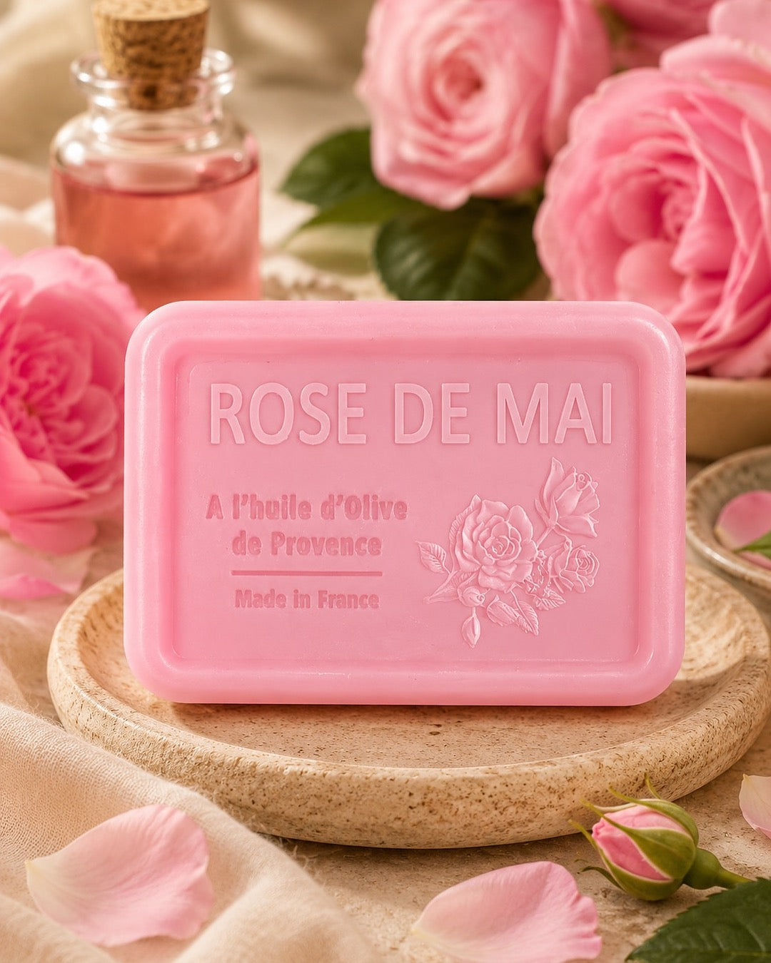 Savon à l’huile d’olive de Provence 120 g, au parfum de Rose de Mai, signé Esprit Provence et enrichi en huile d’amande douce ainsi qu’en beurre de karité bio. Dans son ambiance olfactive.