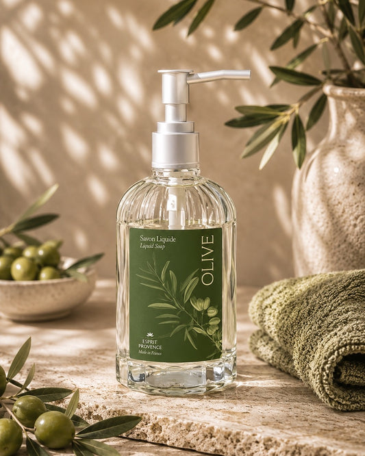 Savon liquide aux Fleurs d’Olivier 255 ml, enrichi en huile de coco et jus d’aloe vera bio. Signé Esprit Provence. Dans son ambiance olfactive.