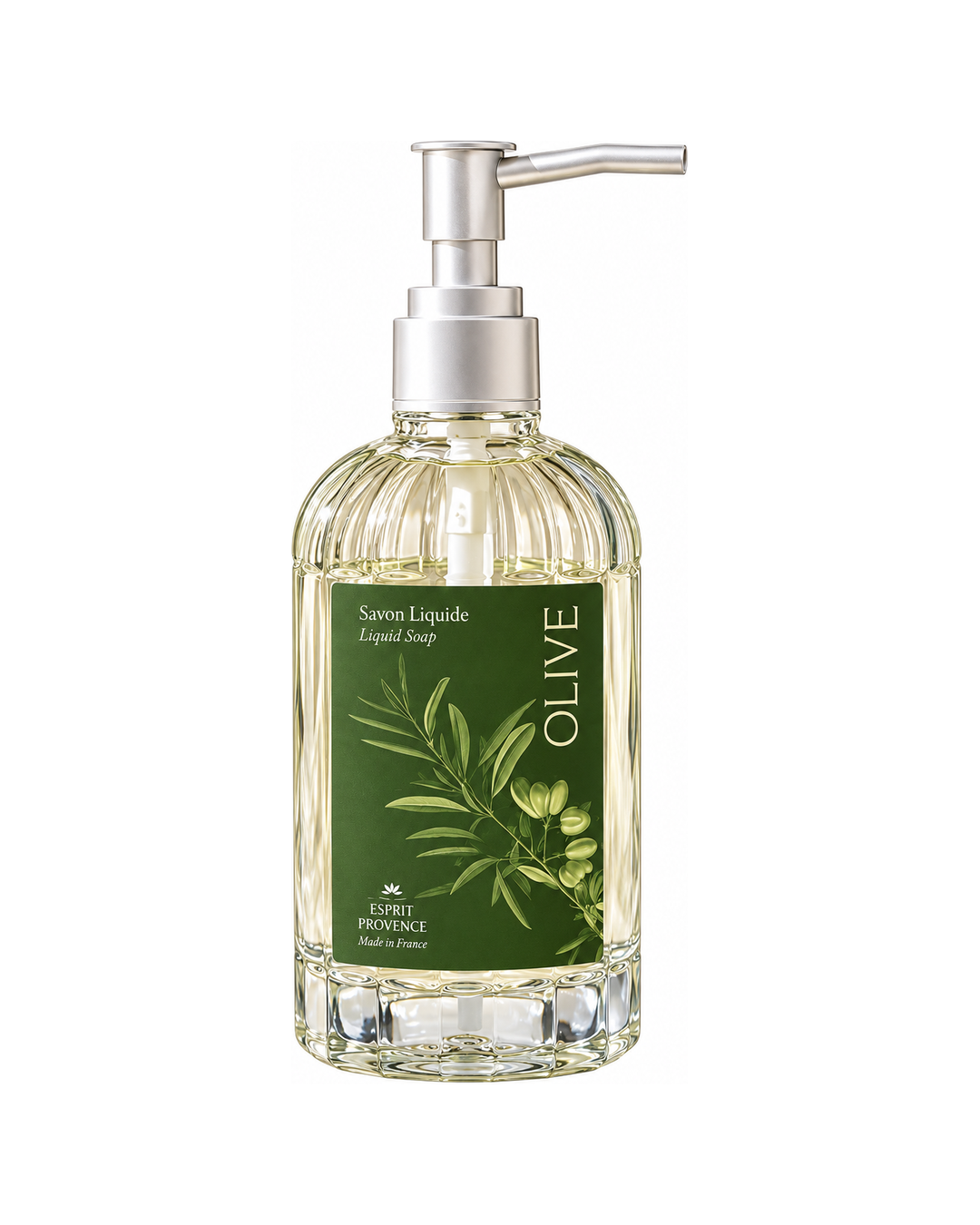 Savon liquide aux Fleurs d’Olivier 255 ml, enrichi en huile de coco et jus d’aloe vera bio. Signé Esprit Provence. Fond blanc.