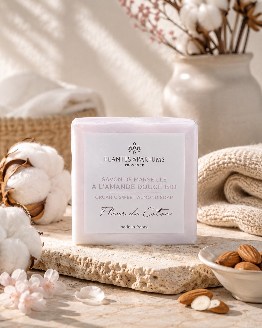 Savon de Marseille à l'amande douce BIO 100 g, fragrance Fleur de coton. Plantes & Parfums. Emballage papier, ambiance fleur de coton.