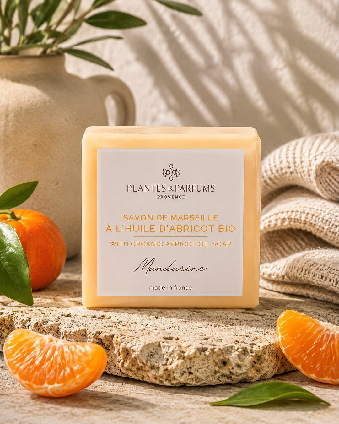 Savon de Marseille à l'huile d'abricot BIO 100 g, fragrance Mandarine. Plantes & Parfums. Emballage papier, ambiance mandarine.