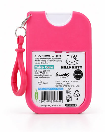 Vue arrière du flacon spray de gel nettoyant Hello Kitty affichant l’étiquette avec le code-barres, le parfum fraise, la mention végan et les logos officiels.