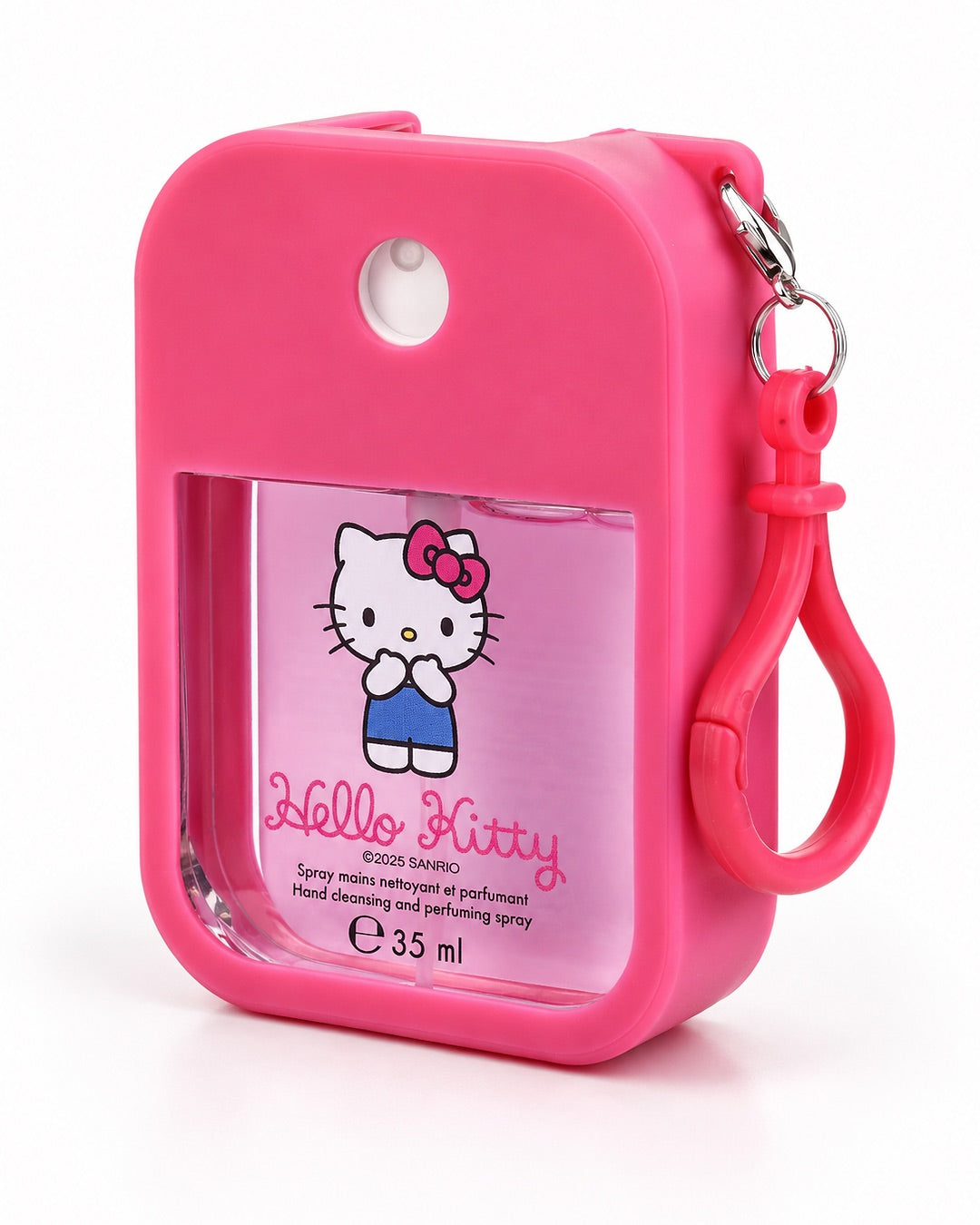 Vue inclinée de trois quarts du flacon spray de gel nettoyant Hello Kitty montrant l’épaisseur de l’étui en silicone rose fuchsia et l’attache.
