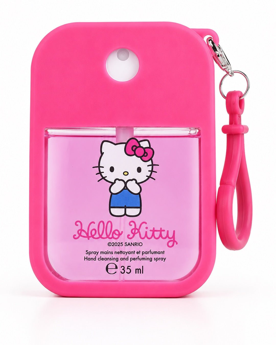 Vue de face d’un flacon spray de gel nettoyant pour les mains Hello Kitty de 35 ml, inséré dans un étui rectangulaire en silicone rose fuchsia muni d’un mousqueton.
